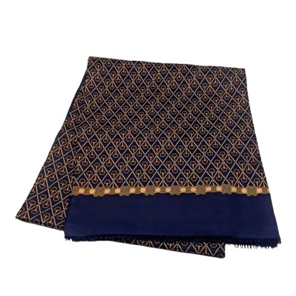 Paolo Gucci Italian Silk Wool Navy Blue Fringed Oblong Scarf